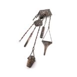 A Victorian electroplated chatelaine, unmarked, the clip pierced and chased with figural and foliate