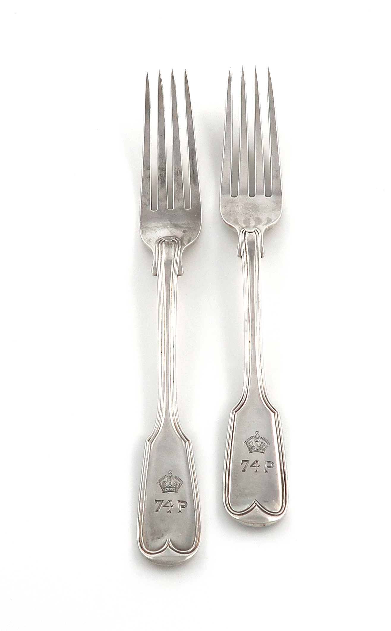 Two Victorian and Edwardian silver Fiddle and Thread pattern table forks, The 74th Punjabis, by J