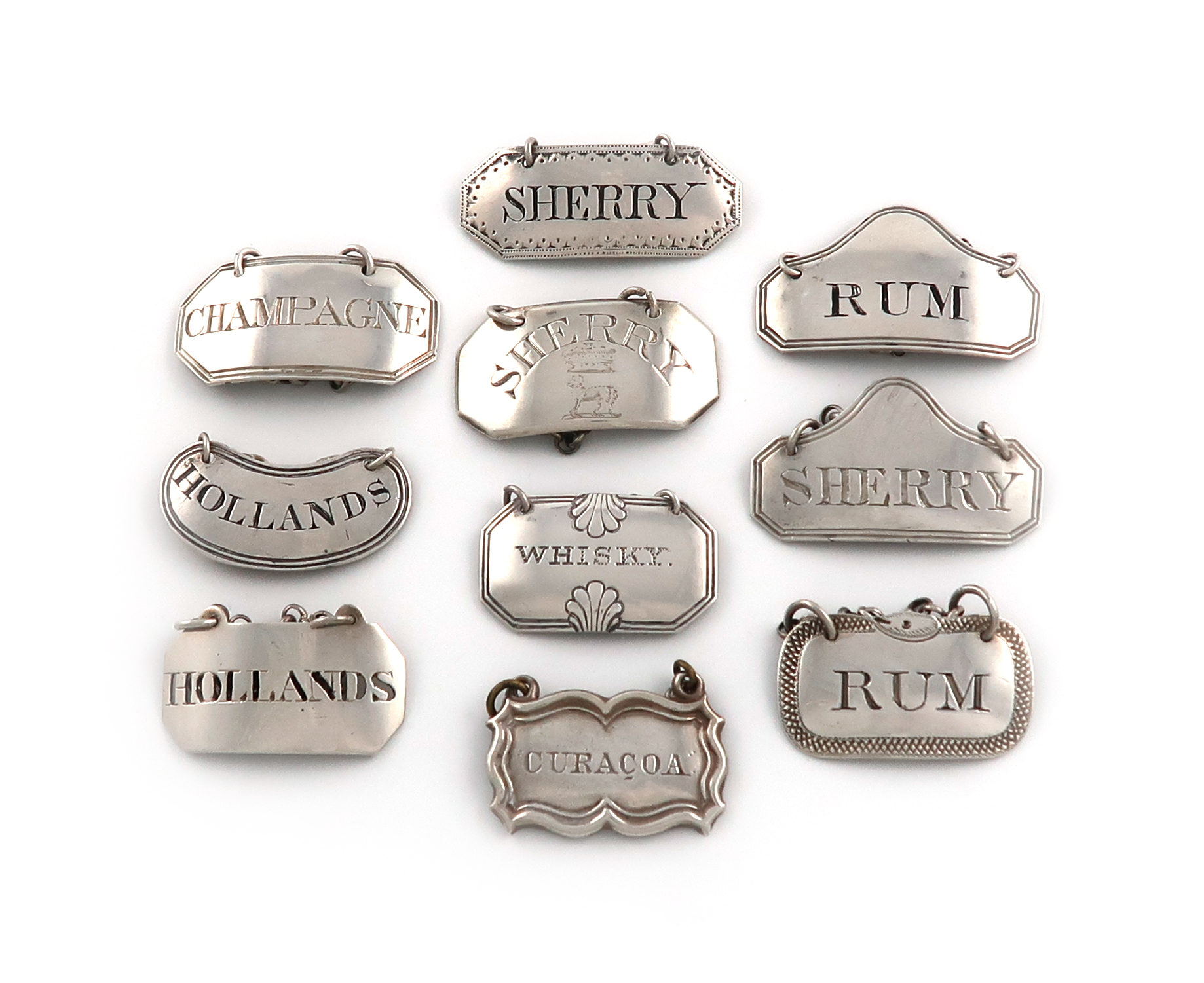 A collection of ten antique small silver wine labels, various dates and makers, including one with a