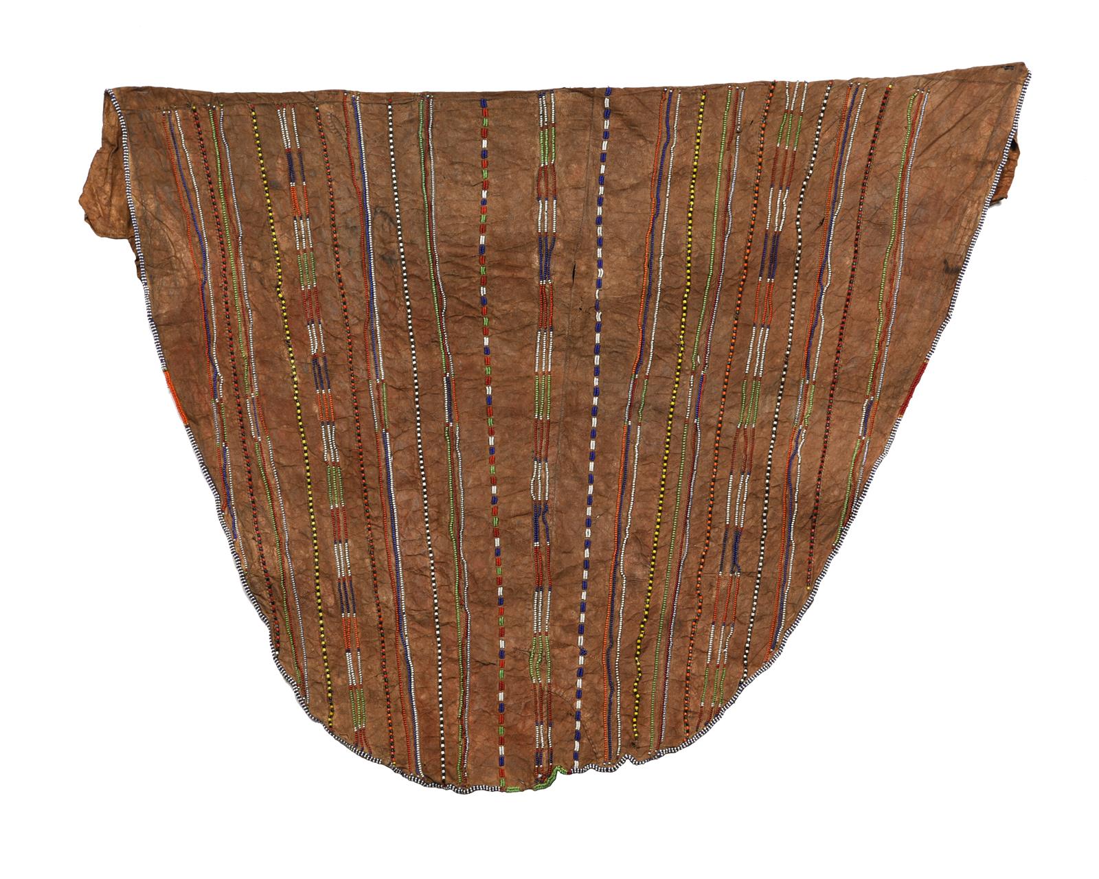 A Masaai skirt Kenya leather with sewn coloured glass beads, 101cm wide.