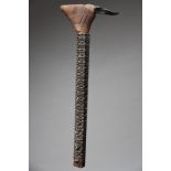 A Mangaia Island ceremonial adze toki Cook Islands with a carved octagonal shaft and a fibre bound