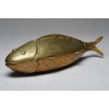 A Benin kola nut container and cover Nigeria modelled as a fish and with engraved decoration, 20th