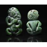 Two Maori hei-tiki pendants New Zealand nephrite, both pierced at the top of the head for