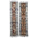 Two Sumba ikat cloths Indonesia with embroidered side borders, depicting ancestor figures, birds,
