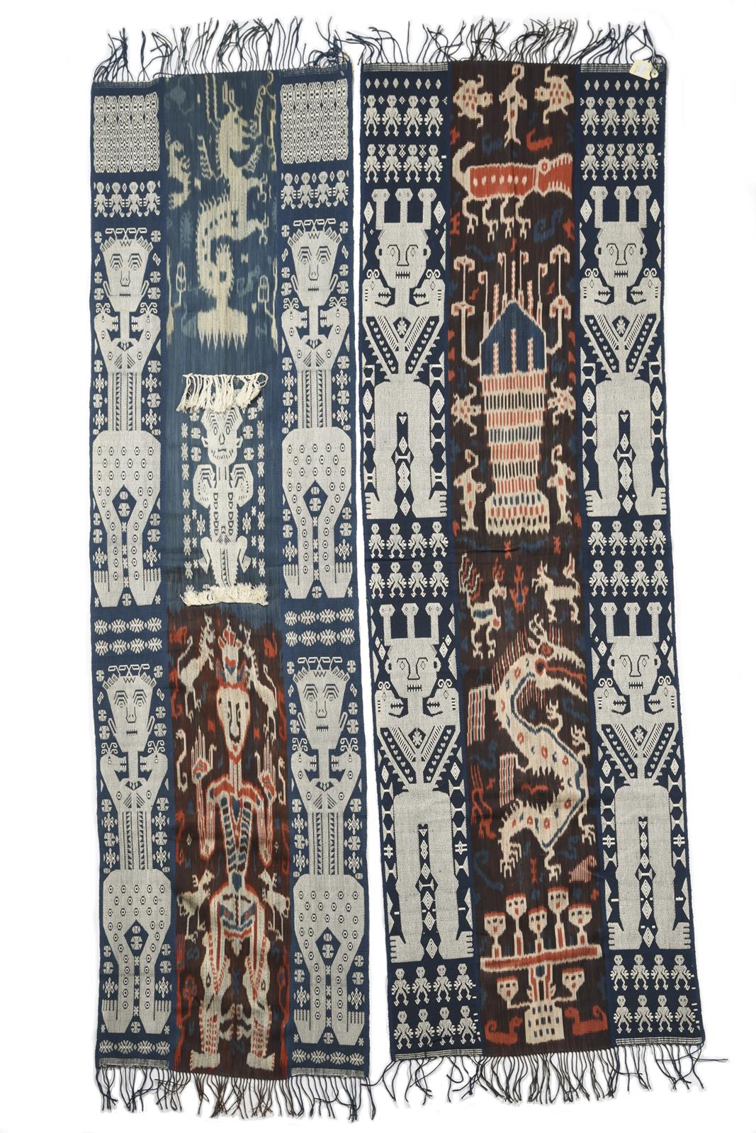 Two Sumba ikat cloths Indonesia with embroidered side borders, depicting ancestor figures, beasts,