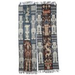 Two Sumba ikat cloths Indonesia with embroidered side borders, depicting ancestor figures, beasts,