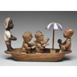 A Yoruba boat group by Thomas Ona Nigeria with a tiller man, four oarsmen with oars, an umbrella and