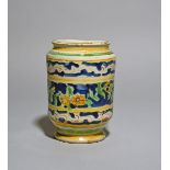 A Caltagirone maiolica albarello, c.1680, painted in blue, green, yellow and manganese with a