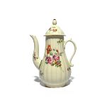 A Chelsea-Derby coffee pot and cover, c.1765-70, the fluted form delicately painted with flower