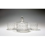 A moulded glass butter tub with cover and stand, late 18th century, with honeycomb moulding, the