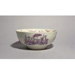 A massive Worcester punchbowl, c.1770, printed in purple monochrome with four scenes of figures