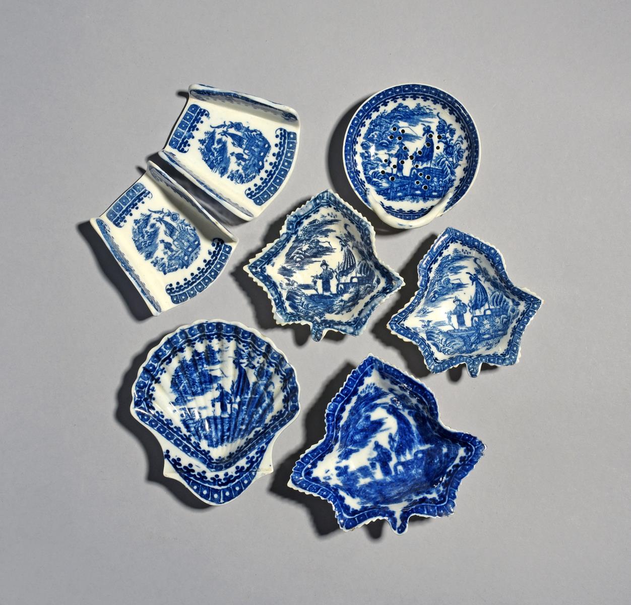 Four Caughley blue and white pickle dishes, c.1770-85, three of vine leaf shape and one scallop