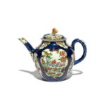 A Worcester teapot and cover, c.1765-75, painted in Kakiemon enamels with panels of flowering
