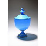 A large blue glass punchbowl or tureen and cover, late 19th/20th century, the deep goblet shape of a