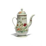 A Richard Chaffers (Liverpool) coffee pot and cover, c.1758-60, painted in famille rose enamels with
