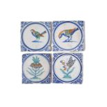 Four Delft tiles, late 17th century, two painted with birds in blue, green, ochre and manganese,