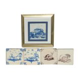 Five delftware tiles, mid 18th century, two London and painted in blue with foxes or dogs beside