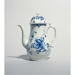 A Worcester blue and white coffee pot and cover, c.1760, the baluster form painted with the