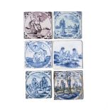 Six delftware Biblical tiles, c.1750-75, mostly London, painted in blue and manganese, four within