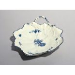 A Worcester blue and white leaf dish, c.1760, decorated with the Gillyflower pattern, a central