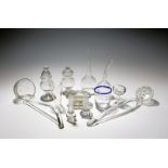 A small collection of glass items, 18th and 19th centuries, including two wine funnels, two