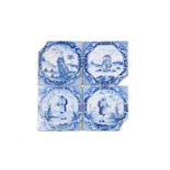 Four Liverpool delftware tiles, c.1750-75, painted in blue with octagonal panels containing