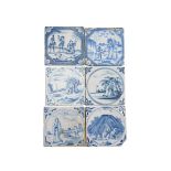 Six delftware Biblical tiles, c.1720-50, two Liverpool and decorated with the Stoning of Stephen and