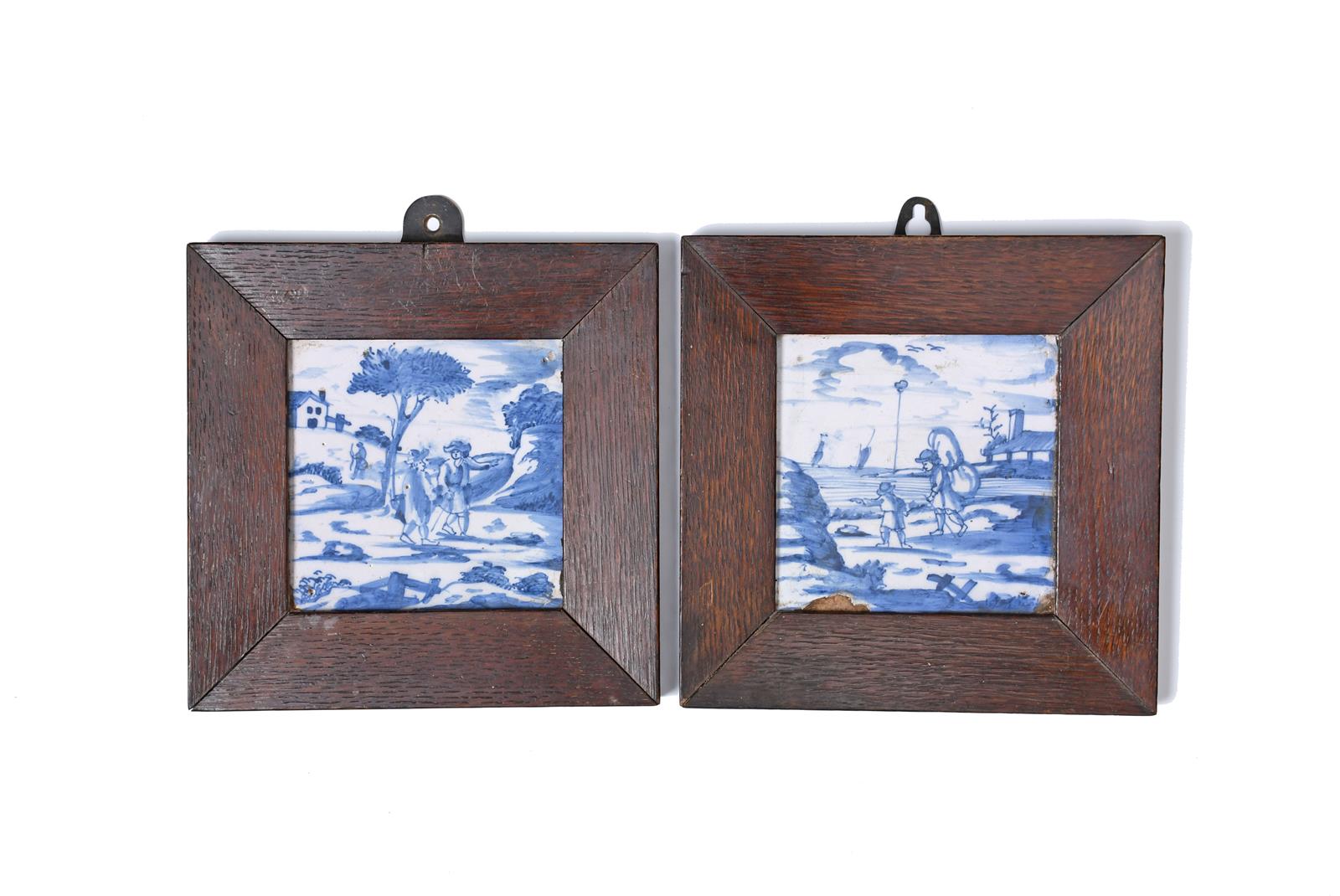 Two London delftware tiles, c.1720-40, painted in blue with travellers in a landscape, at the