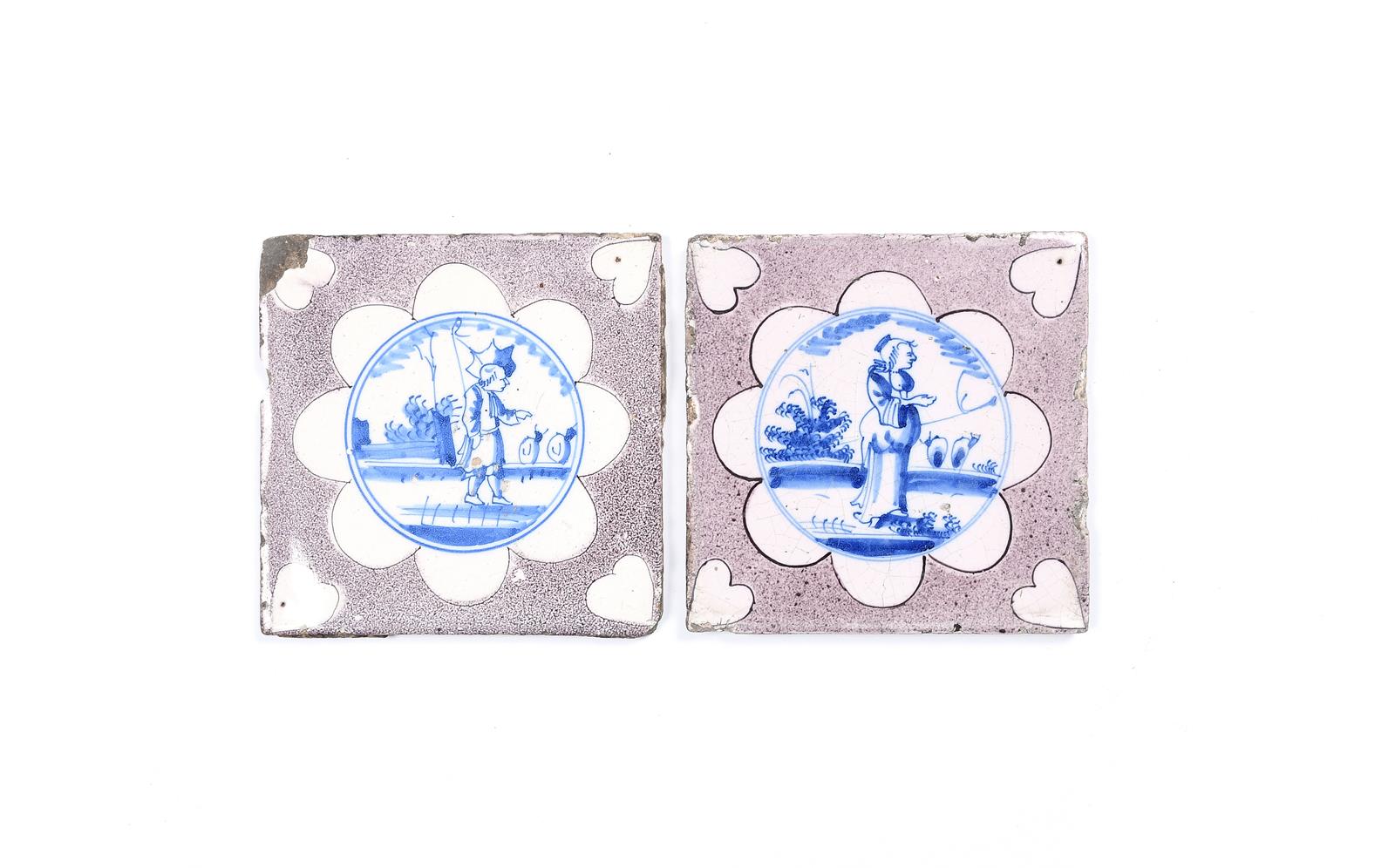 An unusual pair of delftware tiles, c.1700, probably London, painted in a bright blue with a