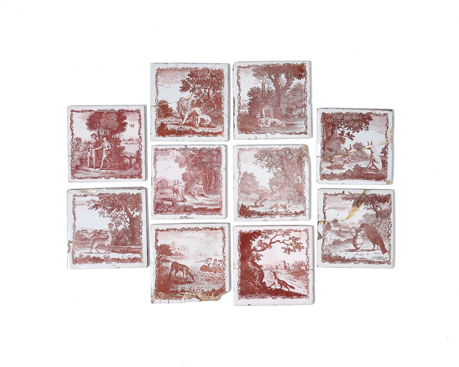 Ten Liverpool delftware Fable tiles, c.1770-85, printed by John Sadler in a dark red with scenes