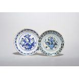 A small delftware plate, 18th century, possibly London, painted in blue with a footed bowl of