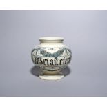 A Continental creamware drug jar, late 18th/19th century, possibly Nove, the globular body painted