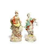 Two large Derby figures of Justice and Minerva, c.1760-65, Justice depicted with her eyes shut and