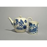 A Worcester blue and white teapot and cover, c.1785, printed with the Birds on Branches pattern,