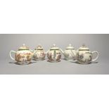 Five European-decorated Chinese porcelain teapots and covers, 18th century, the globular bodies