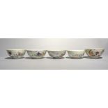 Five European-decorated Chinese porcelain bowls, 18th century, three with anhua decoration, one with