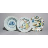 Three delftware plates, c.1760, one Lambeth (Abigail Griffiths) and painted with a Chinese figure