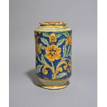 A large Caltagirone maiolica albarello, c.1660-80, the tall cylindrical form painted in yellow,