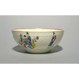 A Worcester feather-moulded bowl, c.1765-70, printed and hand-coloured with Chinese figures at
