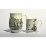 Two Worcester printed mugs, c.1757-65, one bell-shaped and printed with The Whitton Anglers, the