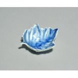 A Vauxhall blue and white pickle leaf dish, c.1755-58, the small deep leaf shape with serrated edge,
