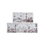 Five Liverpool delftware tiles, c.1740-60, painted in manganese with varying scenes including a