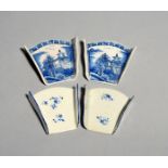Two pairs of Derby blue and white asparagus servers, c.1780-90, one pair decorated with tall trees