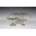Three glass tazzae or stands, c.1740, all variously raised on ribbed baluster stems above