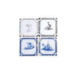 Four delftware tiles, c.1750-70, Bristol or Liverpool, two painted in blue with buildings on an