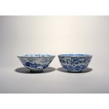 Two large Chinese blue and white bowls, 17th/18th century, both of lotus form, one painted with