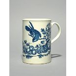 A large Worcester blue and white mug, c.1765-70, printed with the Parrot Pecking Fruit pattern, near