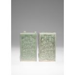 TWO JAPANESE CELADON MOULDED SAKE BOTTLES (TOKKURI) EDO PERIOD, 17TH OR 18TH CENTURY Each with a