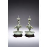 A PAIR OF CHINESE CELADON JADE GOOSE AND TORTOISE PRICKET CANDLESTICKS QIANLONG 1736-95 Each