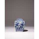 A CHINESE BLUE AND WHITE SQUARE JAR WANLI 1573-1620 The body painted with ducks in a lotus pond, and